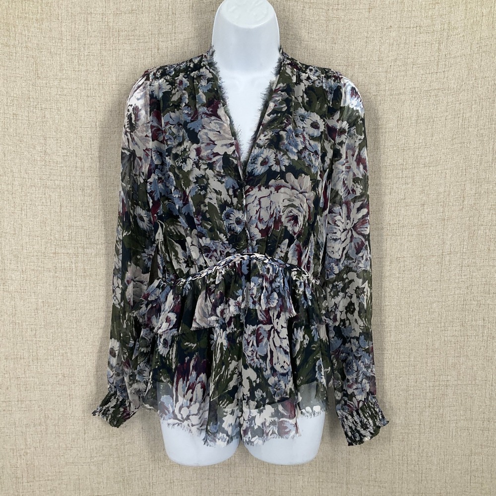 Greylin Floral Silk Blouse Womens Small Green Navy Boho Ruffle Peplum V-Neck Top
